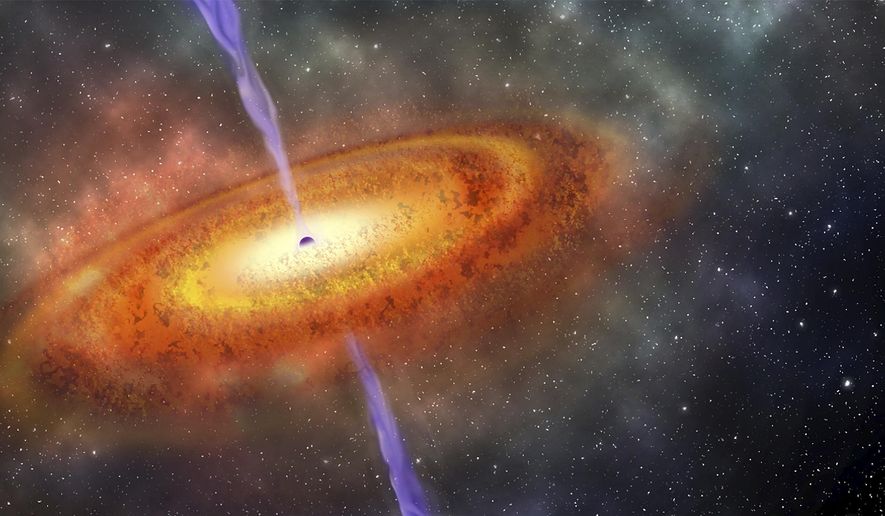 This illustration provided by the Carnegie Institution for Science shows the most-distant supermassive black hole ever discovered, which is part of a quasar from just 690 million years after the Big Bang. On Wednesday, Dec. 6, 2017, a team led by the Carnegie Observatories' Eduardo Banados reported the discovery in the journal Nature. (Robin Dienel/Carnegie Institution for Science via AP)