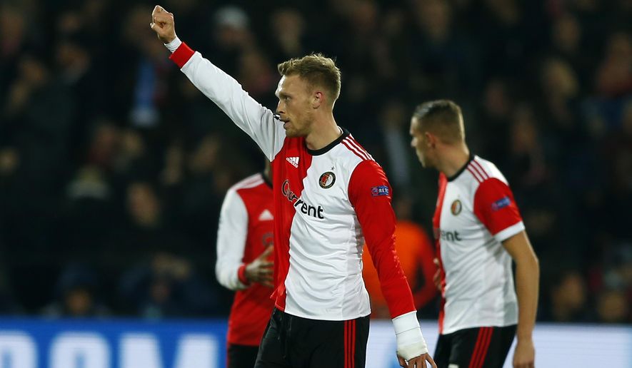 Feyenoord's Nicolai Jorgensen celebrates after scoring his side's first goal during a Champions League Group F soccer match between Feyenoord and Napoli at the Kuip stadium in Rotterdam, Netherlands, Wednesday, Dec. 6, 2017. (AP Photo/Peter Dejong)
