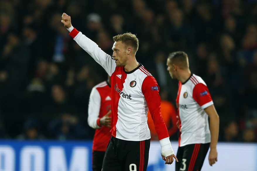 Feyenoord's Nicolai Jorgensen celebrates after scoring his side's first goal during a Champions League Group F soccer match between Feyenoord and Napoli at the Kuip stadium in Rotterdam, Netherlands, Wednesday, Dec. 6, 2017. (AP Photo/Peter Dejong)