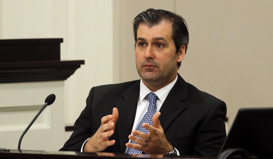 FILE - In a Nov. 29, 2016 file photo, former North Charleston police officer Michael Slager testifies during his murder trial at the Charleston County court in Charleston, S.C. Slager, who fatally shot a black motorist in 2015,  could learn his fate as soon as Wednesday afternoon, Dec. 6, 2017, as his federal sentencing hearing winds down on its third day.  (Grace Beahm/Post and Courier via AP, Pool, File)