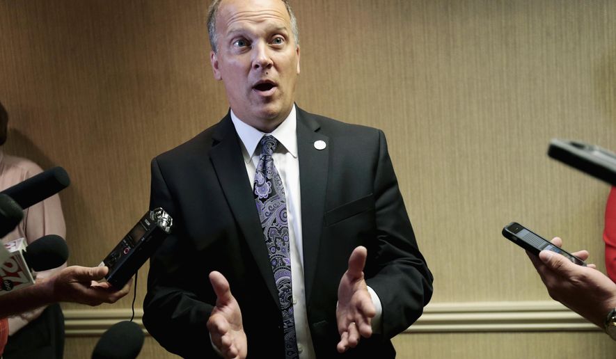 FILE - In this July 29, 2016 file photo, Wisconsin Attorney General Brad Schimel speaks to reporters in Madison, Wis. Schimel says he agrees with legislative leaders that sexual harassment complaints against lawmakers and their staff shouldn't be released to the public. (Michael P. King /Wisconsin State Journal via AP, File)