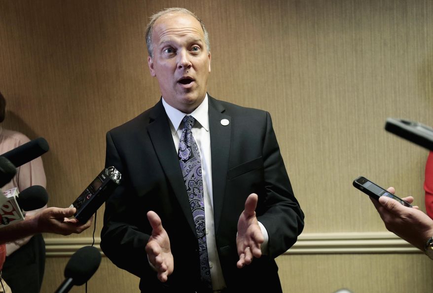 FILE - In this July 29, 2016 file photo, Wisconsin Attorney General Brad Schimel speaks to reporters in Madison, Wis. Schimel says he agrees with legislative leaders that sexual harassment complaints against lawmakers and their staff shouldn't be released to the public. (Michael P. King /Wisconsin State Journal via AP, File)