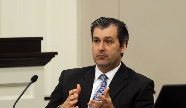 In a Nov. 29, 2016 file photo, former North Charleston police officer Michael Slager testifies during his murder trial at the Charleston County court in Charleston, S.C. Slager was sentenced to 20 years in prison Thursday, Dec. 7, 2017, for 2015 fatal shooting of unarmed black motorist Walter Scott. (Grace Beahm/Post and Courier via AP, Pool, File)