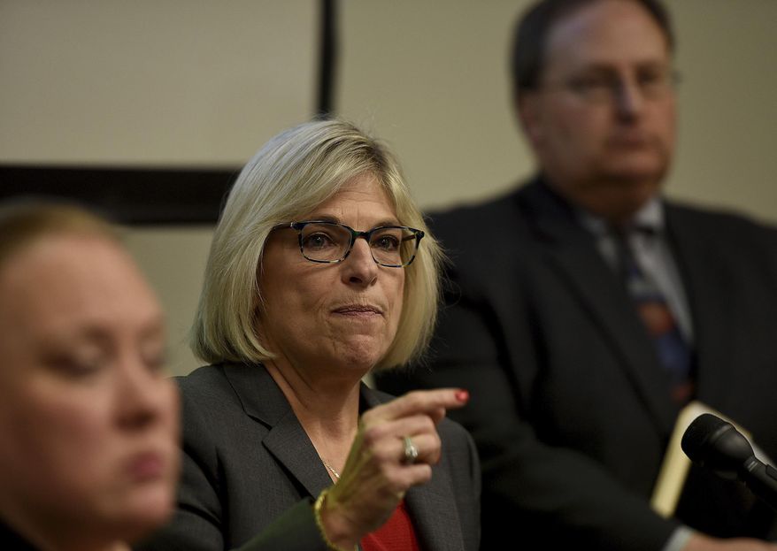 Mecklenburg County Manager Dena Diorio speaks at a news conference at the Government Center about the hacking of Mecklenburg County's servers in Charlotte, N.C., Wednesday, Dec. 6, 2017. A $25,000 ransom in bit coin was being sought for the files being held. County officials said late this afternoon they are not paying the ransom. (Diedra Laird/The Charlotte Observer via AP)