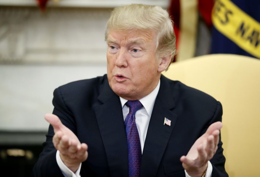 President Donald Trump speaks before a meeting with congressional leaders including Vice President Mike Pence, House Speaker Paul Ryan of Wis., House Minority Leader Nancy Pelosi of Calif., Senate Majority Leader Mitch McConnell of Ky., Senate Minority Leader Chuck Schumer of N.Y., and Defense Secretary Jim Mattis in the Oval Office of the White House, Thursday, Dec. 7, 2017, in Washington. (AP Photo/Alex Brandon)