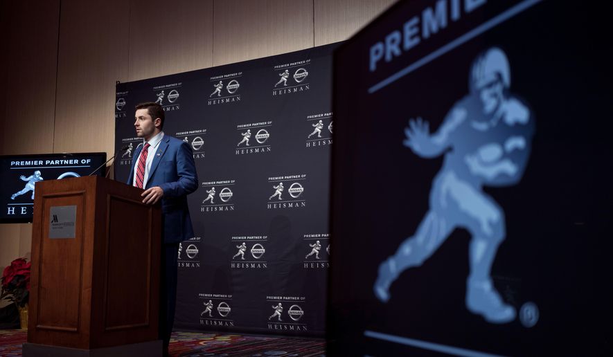 Oklahoma quarterback Baker Mayfield, winner of the Heisman Trophy, attends a news conference after winning the award Saturday, Dec. 9, 2017, in New York. (AP Photo/Craig Ruttle)