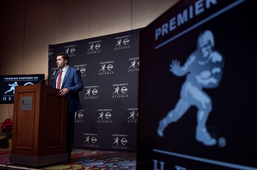 Oklahoma quarterback Baker Mayfield, winner of the Heisman Trophy, attends a news conference after winning the award Saturday, Dec. 9, 2017, in New York. (AP Photo/Craig Ruttle)