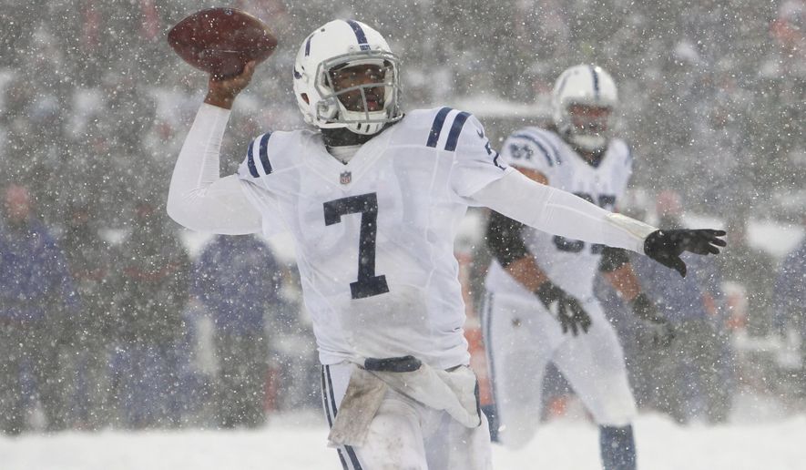 Indianapolis Colts quarterback Jacoby Brissett looks to throw during the second half of an NFL football game against the Buffalo Bills, Sunday, Dec. 10, 2017, in Orchard Park, N.Y. (AP Photo/Jeffrey T. Barnes)
