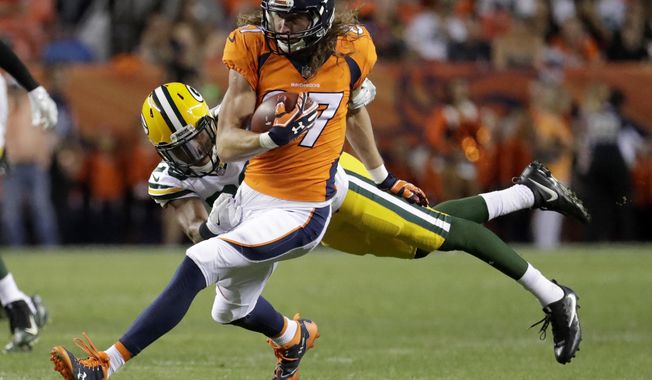 File-This Aug. 26, 2017, file photo shows Denver Broncos wide receiver Jordan Taylor (87) eluding the tackle of Green Bay Packers cornerback Kevin King (20) during the first half of an NFL preseason football game, in Denver.  Named the Denver Broncos&#x27; punt returner before the preseason even began, rookie Isaiah McKenzie could hold onto neither the football nor the job. Taylor to the rescue. (AP Photo/Jack Dempsey, File)