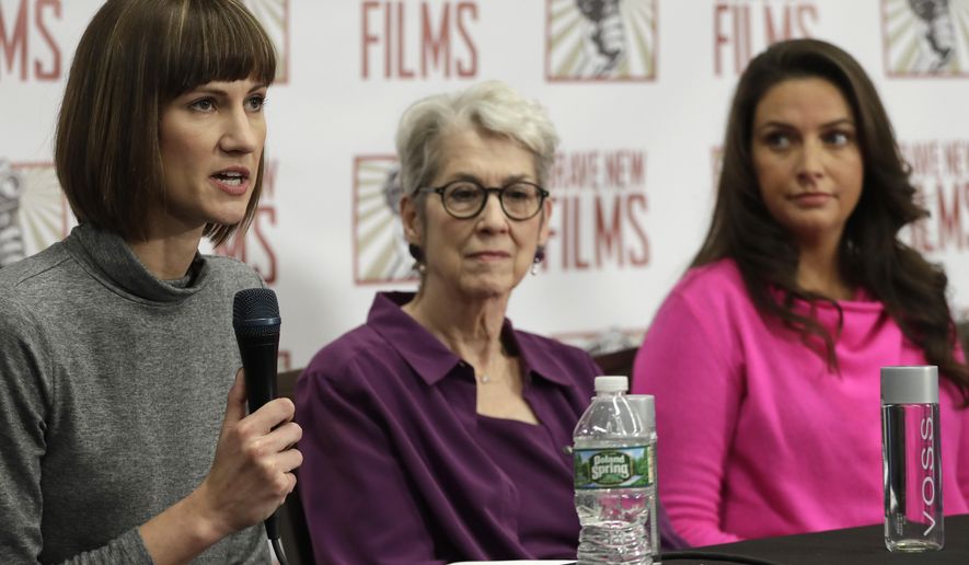 Rachel Crooks, left, Jessica Leeds, center, and Samantha Holvey attend a news conference, Monday, Dec. 11, 2017, in New York to discuss their accusations of sexual misconduct against Donald Trump. The women, who first shared their stories before the November 2016 election, called for a congressional investigation into Trump&#x27;s alleged behavior. (AP Photo/Mark Lennihan)