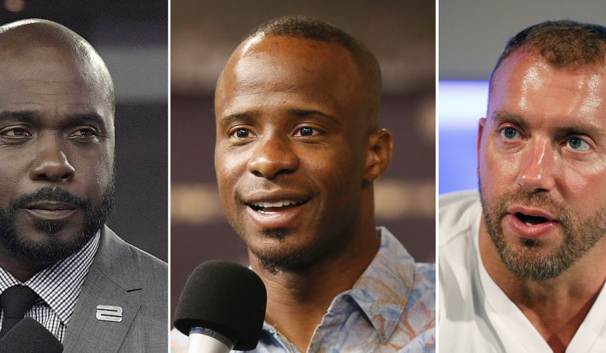 At left, in an Oct. 5, 2017, file photo, Marshall Faulk broadcasts from the field after an NFL football game against the Tampa Bay Buccaneers, in Tampa, Fla. At center, in a Sept. 9, 2015, file photo, NFL Network's Ike Taylor is interviewed during a media availability on set at the NFL Network studios, in Culver City, California. At right in a Sept. 9, 2015, file photo, NFL Network's Heath Evans is interviewed during a media availability on set at the NFL Network studios, in Culver City, Calif. (AP Photo/File)