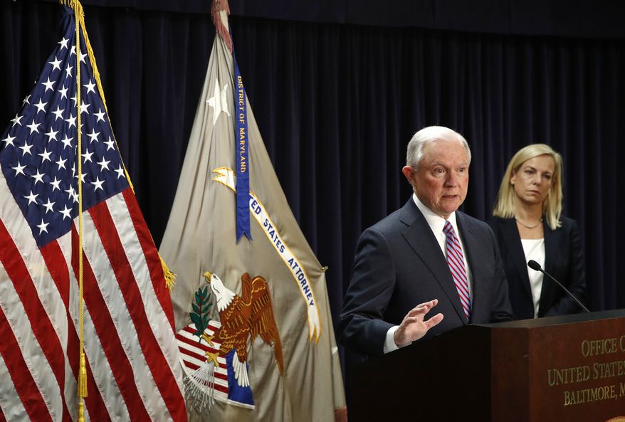 Attorney General Jeff Sessions, left, speaks alongside Secretary of Homeland Security Kirstjen Nielsen during a news conference in Baltimore, Tuesday, Dec. 12, 2017, to announce efforts to combat the MS-13 street gang with law enforcement and immigration actions. (AP Photo/Patrick Semansky)