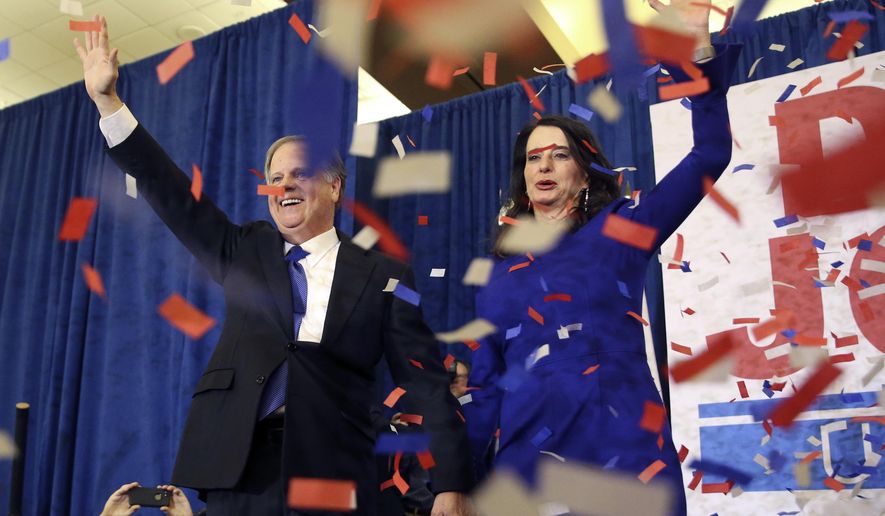 Democratic candidate for U.S. Senate Doug Jones and his wife Louise wave to supporters before speaking during an election-night watch party Tuesday, Dec. 12, 2017, in Birmingham, Ala. In a stunning victory aided by scandal, Democrat Doug Jones won Alabama's special Senate election on Tuesday, beating back history, an embattled Republican opponent and President Donald Trump, who urgently endorsed GOP rebel Roy Moore despite a litany of sexual misconduct allegations. (AP Photo/John Bazemore)