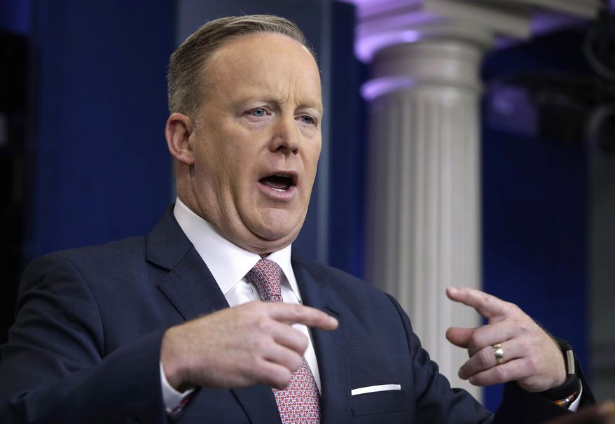 FILE - In this Monday, Jan. 23, 2017 file photo, White House press Secretary Sean Spicer speaks during the daily White House briefing at the White House in Washington. A statement on Sunday by presidential counselor Kellyanne Conway, about Spicer providing "alternative facts," is included in the 2017 update to The Yale Book of Quotations. (AP Photo/Evan Vucci, File)