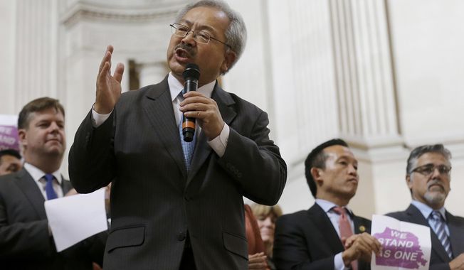 FILE - In this Nov. 14, 2016, file photo, San Francisco Mayor Ed Lee speaks during a meeting at City Hall in San Francisco by city leaders and community activists to reaffirm the city&#x27;s commitment to being a sanctuary city in response to Donald Trump&#x27;s support of deportations and other measures against immigrants. The San Francisco Chronicle reported that Lee died early Tuesday, Dec. 12, 2017. He was 65. (AP Photo/Jeff Chiu, File)