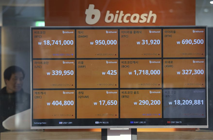 A screen shows the prices of bitcoin at a virtual currency exchange office in Seoul, South Korea, Wednesday, Dec. 13, 2017. South Korean is studying ways to regulate speculative trading in crypto currencies as the latest surge in prices stokes a craze over bitcoins. (AP Photo/Ahn Young-joon)