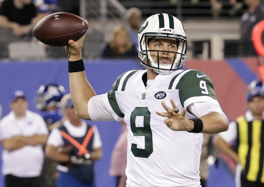 FILE - In this Aug. 26, 2017, file photo, New York Jets quarterback Bryce Petty (9) throws a pass during the second half of a preseason NFL football game against the New York Giants, in East Rutherford, N.J. Petty is getting another shot to show the New York Jets he can be their starting quarterback _ for now and the future. With Josh McCown out for the season with a broken hand, Petty is eager for his latest, and possibly last, opportunity to run the Jets' offense. (AP Photo/Julio Cortez, File)