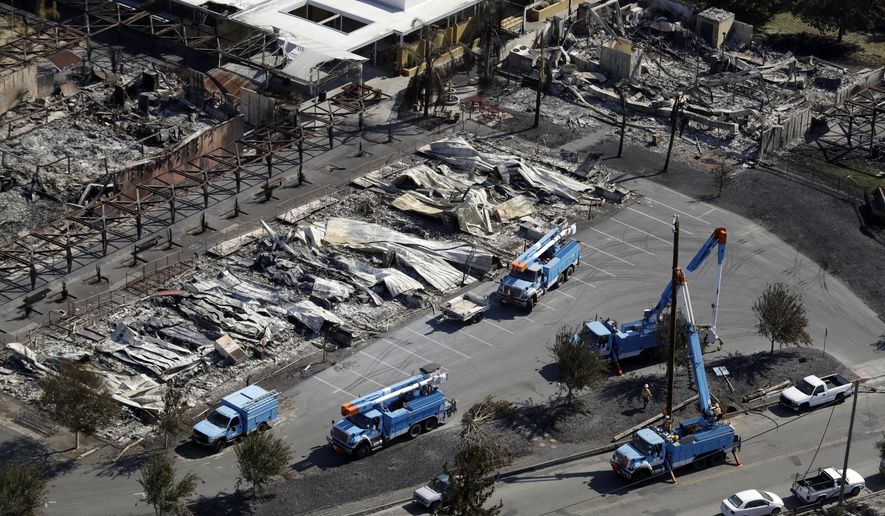 File - In this Oct. 14, 2017 file photo, Pacific Gas & Electric crews work on restoring power lines in a fire ravaged neighborhood in an aerial view in the aftermath of a wildfire in Santa Rosa, Calif. California utility regulators are considering tougher safety rules for power lines, phone lines and utility poles in parts of the state that are prone to fires. The rules being taken up Thursday, Dec. 14, 2017, would require tree branches to be kept farther away from power lines and newly installed lines to be spaced farther apart. (AP Photo/Marcio Jose Sanchez, File)