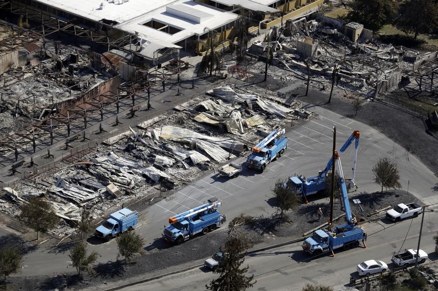 File - In this Oct. 14, 2017 file photo, Pacific Gas & Electric crews work on restoring power lines in a fire ravaged neighborhood in an aerial view in the aftermath of a wildfire in Santa Rosa, Calif. California utility regulators are considering tougher safety rules for power lines, phone lines and utility poles in parts of the state that are prone to fires. The rules being taken up Thursday, Dec. 14, 2017, would require tree branches to be kept farther away from power lines and newly installed lines to be spaced farther apart. (AP Photo/Marcio Jose Sanchez, File)