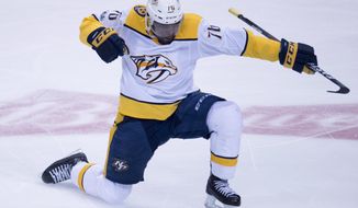 Nashville Predators defenceman P.K. Subban (76) celebrates his goal during second period of an NHL hockey game against the Vancouver Canucks, in Vancouver, Wednesday, Dec. 13, 2017.  (Jonathan Hayward/The Canadian Press via AP)