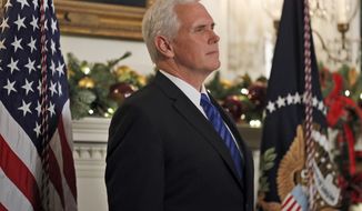 In this Dec. 6, 2017, photo, Vice President Mike Pence listens as President Donald Trump speaks in the Diplomatic Reception Room of the White House, Wednesday, Dec. 6, 2017, in Washington. Senior Trump administration officials outlined their view on Dec. 15, that Jerusalem&#x27;s Western Wall ultimately will be declared a part of Israel, in another declaration sure to enflame passions among Palestinians and others in the Middle East. Although they said the ultimate borders of the holy city must be resolved through Israeli-Palestinian negotiations, the officials, speaking ahead of Pence&#x27;s trip to the region, essentially ruled out any scenario that didn&#x27;t maintain Israeli control over the holiest ground in Judaism.  (AP Photo/Alex Brandon)