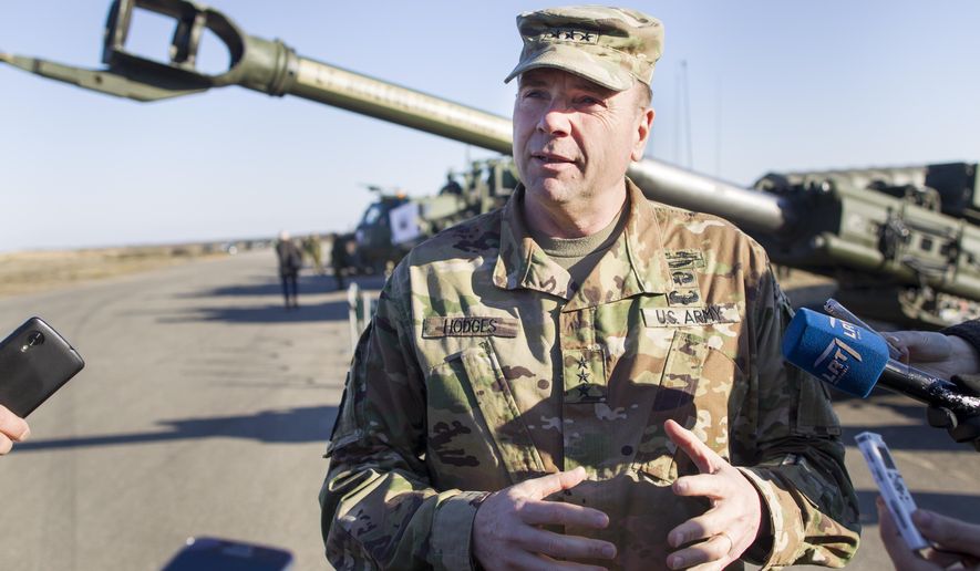 In this March 24, 2016, file photo Commander of U.S. Army Europe Lt. Gen. Ben Hodges speaks to the media during the joint NATO military exercise at the Rukla military base some 120 km. (75 miles) west of the capital Vilnius, Lithuania. Hodges will is retiring. (AP Photo/Mindaugas Kulbis, file)