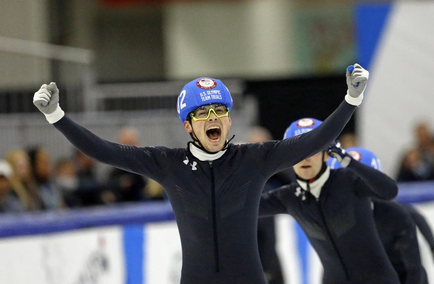 John-Henry Krueger reacts after winning the men's 1500-meter during the U.S.Olympic short track speedskating trials Friday, Dec. 15, 2017, in Kearns, Utah. (AP Photo/Rick Bowmer)