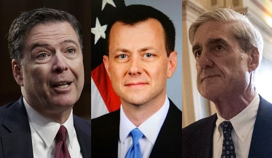 Former FBI Director James Comey, FBI special agent Peter Strzok and special counsel Robert Mueller are shown here, left to right. On  Jan. 18, 2018, the House House Intelligence Committee voted along party lines to release a FISA abuse memo, which, according to sources close to the committee, addresses text messages between FBI agent Strzok and FBI lawyer Lisa Page which prove the so-called Steele dossier was used to justify FISA warrants.