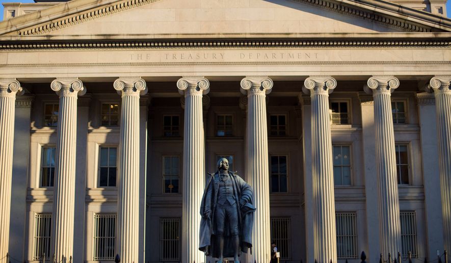 This Thursday, June 8, 2017, file photo shows the U.S. Treasury Department building in Washington.  (AP Photo/Pablo Martinez Monsivais, File) **FILE**