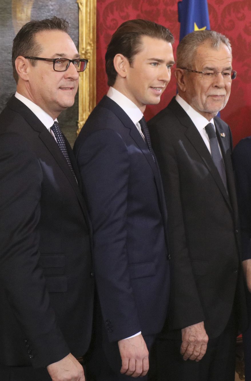 New Austrian Chancellor Sebastian Kurz is flanked by Austrian President Alexander Van Der Bellen (right) and new Vice Chancellor Heinz-Christian Strache. The new Austrian government is led by a conservative and a nationalist party. (Associated Press/File)