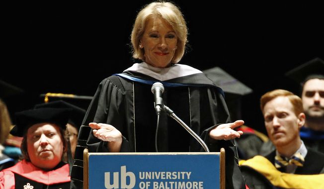 Education Secretary Betsy DeVos spoke at the University of Baltimore&#x27;s fall commencement on Monday. (Associated Press)