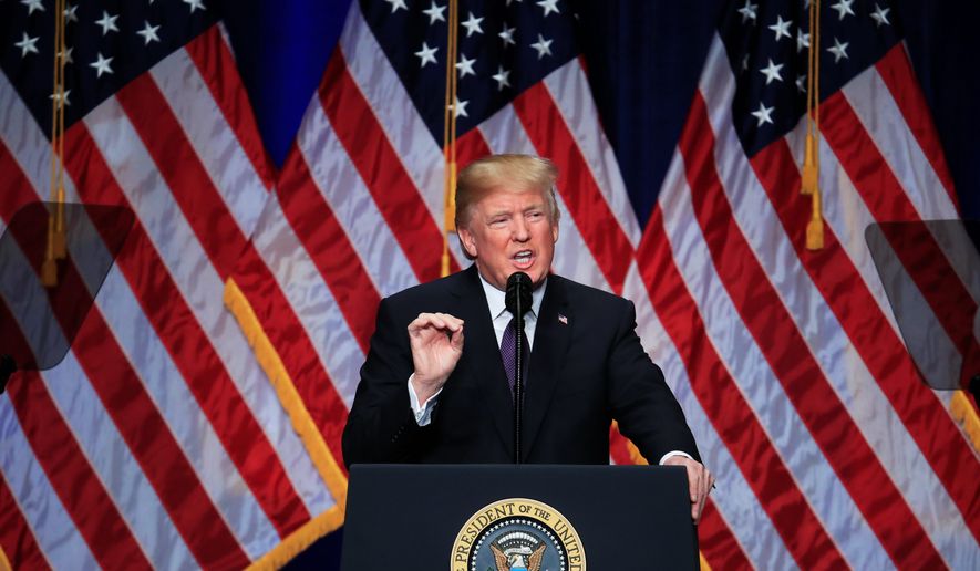 President Donald Trump speaks and lays out a national security strategy that envisions nations in perpetual competition, reverses Obama-era warnings on climate change, and de-emphasizes multinational agreements, in Washington, Monday, Dec. 18, 2017. (AP Photo/Manuel Balce Ceneta)