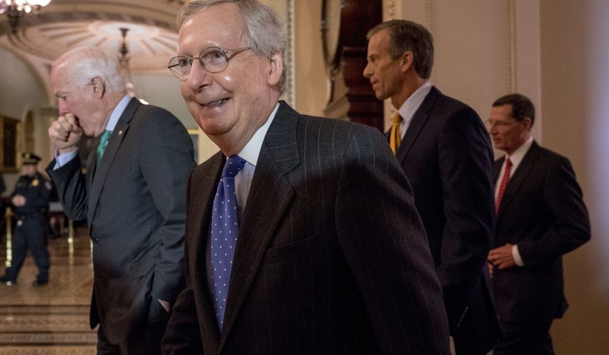 From left, Senate Majority Whip Sen. John Cornyn, R-Texas, Senate Majority Leader Mitch McConnell of Ky., Sen. John Thune, R-S.D., and Sen. John Barrasso, R-Wyo., arrive to speak to members of the media following a Senate luncheon on Capitol Hill, Tuesday, Dec. 19, 2017, in Washington. Republicans muscled the most sweeping rewrite of the nation's tax laws in more than three decades through the House with an expected vote in the Senate to follow. (AP Photo/Andrew Harnik)