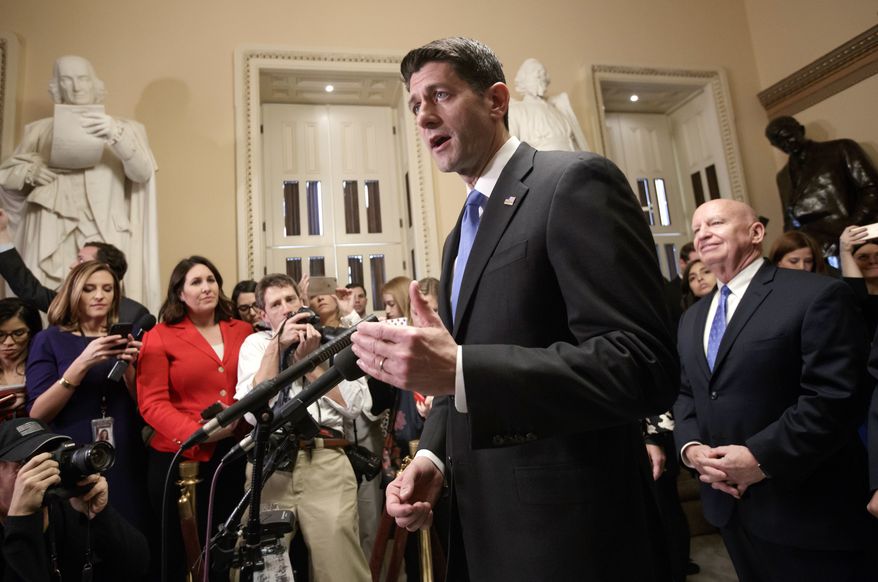 Speaker of the House Paul Ryan, R-Wis., joined at right by House Ways and Means Committee Chairman Kevin Brady, R-Texas, meets reporters just after passing the Republican tax reform bill in the House of Representatives, on Capitol Hill, in Washington, Tuesday, Dec. 19, 2017. The vote, largely along party lines, was 227-203 and capped a GOP sprint to deliver a major legislative accomplishment to President Donald Trump after a year of congressional stumbles. (AP Photo/J. Scott Applewhite)
