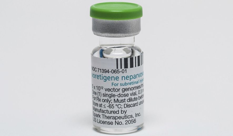 This photo provided by Spark Therapeutics shows the company's Luxturna (voretigene neparvovec-rzyl) product vial. On Tuesday, Dec. 19, 2017, the Food and Drug Administration approved the therapy which improves the vision of patients with a rare form of inherited blindness, another major advance for the burgeoning field of genetic medicine. (Courtesy of Spark Therapeutics via AP)