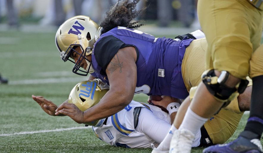 In this Oct. 28, 2017, file photo, Washington&#39;s Vita Vea sacks UCLA quarterback Josh Rosen in the first half of an NCAA college football game, in Seattle. Vea&#39;s impact on the game was enough that coaches voted the Washington defensive tackle the Pac-12 defensive player of the year. He&#39;s got likely one more game for the Huskies in the Fiesta Bowl against Penn State. (AP Photo/Elaine Thompson) ** FILE **