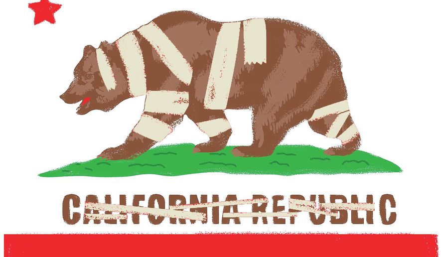 Illustration on problems in California by Linas Garsys/The Washington Times