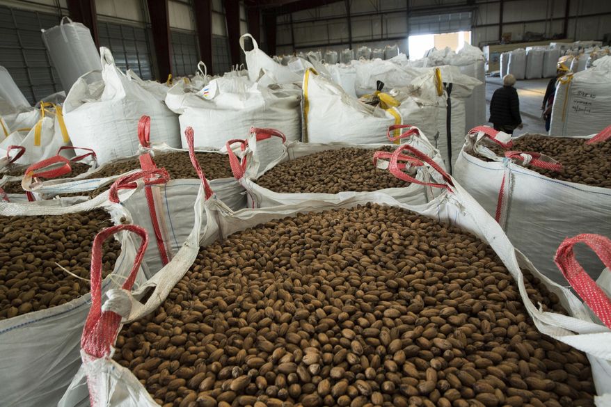 Pecans are stored in large containers in the San Saba Pecan plant. A press conference was held Wednesday, Dec. 20, 2017, at San Saba Pecan where the quarantine of pecans coming into New Mexico along with thefts of pecans in the county was discussed. (Josh Bachman/The Las Cruces Sun-News via AP)