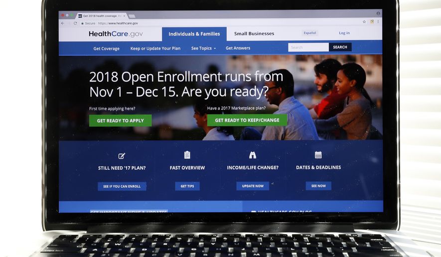 In this Oct. 18, 2017 photo, the Healthcare.gov website is seen on a computer screen in Washington. (AP Photo/Alex Brandon) ** FILE **