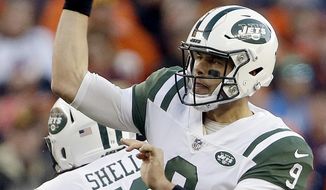 FILE - In this Sunday, Dec. 10, 2017, file photo, New York Jets quarterback Bryce Petty (9) throws against the Denver Broncos during the second half of an NFL football game in Denver. The Jets saw their playoff hopes end with a 31-19 loss at New Orleans last Sunday. They play the Chargers on Sunday. (AP Photo/Jack Dempsey, File)