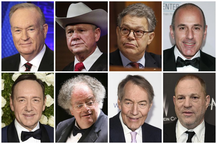 This combination of photos shows, top row from left, broadcaster Bill O'Reilly, U.S. Senate candidate Roy Moore, U.S. Sen. Al Franken, D-Minn., and broadcaster Matt Lauer. Bottom row from left are actor Kevin Spacey, conductor James Levine, broadcaster Charlie Rose and film producer Harvey Weinstein. The wave of sexual misconduct allegations that toppled Hollywood power brokers, politicians, media icons and many others was the top news story of 2017, according to The Associated Press' annual poll of U.S. editors and news directors. (AP Photo)