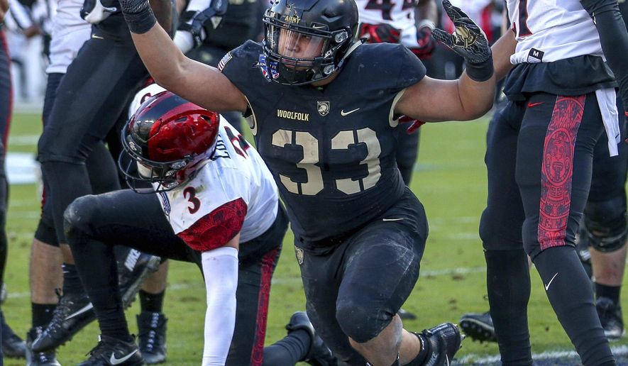 Army running back Darnell Woolfolk, center, reacts after his touchdown run against San Diego State during the first half of the Armed Forces Bowl in an NCAA college football game in Fort Worth, Texas, S (Steve Nurenberg/Star-Telegram via AP)