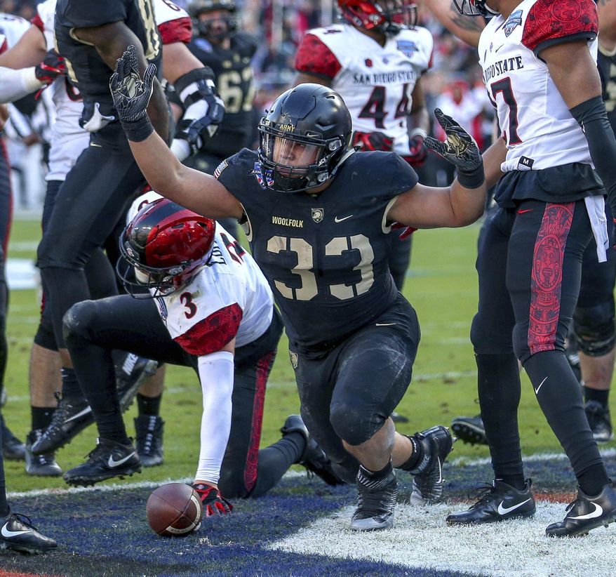 Army running back Darnell Woolfolk, center, reacts after his touchdown run against San Diego State during the first half of the Armed Forces Bowl in an NCAA college football game in Fort Worth, Texas, S (Steve Nurenberg/Star-Telegram via AP)