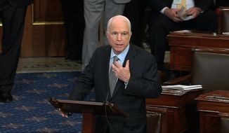 In this image from video provided by Senate Television, Sen. John McCain, R-Ariz. speaks the floor of the Senate on Capitol Hill in Washington, Tuesday, July 25, 2017. At 1:29 a.m. on July 28, McCain strode onto the Senate floor. The 80-year-old, just weeks after a diagnosis of aggressive brain cancer, was poised to cast the tiebreaker vote on the GOP’s health care bill, in what was meant to be the fulfillment of seven years of work to undo President Barack Obama’s signature health care law. McCain paused for a moment, and then gave the measure a thumbs-down. Some of his fellow Senators, in the dark on the elder legislator’s plans, gasped. The bill was dead. For an administration that has spent 2017 throwing off headlines at a stunningly dizzying pace, the frenetic fortnight in the second half of July reached an unparalleled breakneck speed. Set amid the backdrop of a president grappling with his deepest insecurities, the West Wing’s breakdown in policy collided with its collapse in personnel and acted as a crucial inflection point for Donald Trump’s first year in office. (Senate Television via AP)