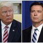 In this combination photo, President Donald Trump, left, appears in the Oval Office of the White House in Washington on May 10, 2017, and then-FBI Director James Comey appears at a news conference in Washington on June 30, 2014. (AP Photo/Evan Vucci, left, and Susan Walsh, File)