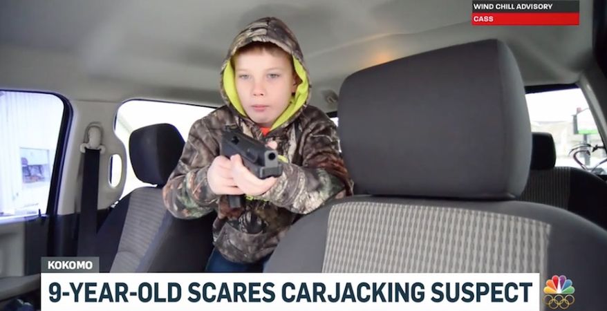 Larry Larimore, 9, used his pellet gun to scare off a carjacker trying to steal his dad's truck in Kokomo, Indiana, according to reports. (WTHR)