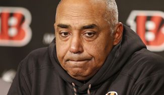 FILE - In this Sunday, Dec. 10, 2017, file photo, Cincinnati Bengals head coach Marvin Lewis speaks during a news conference following an NFL football game against the Chicago Bears in Cincinnati. This could be the final game for Lewis as Cincinnati’s head coach, now in his 15th season with the Bengals. Lewis brushed aside that he’s preparing to move on, insisting that his future is secondary to guiding Cincinnati to an upset. “I&#39;m not going to reflect if this is my last game or not,” Lewis said. “You never know when the last game is, so I don&#39;t do any reflection.&amp;quot; (AP Photo/Gary Landers, File)