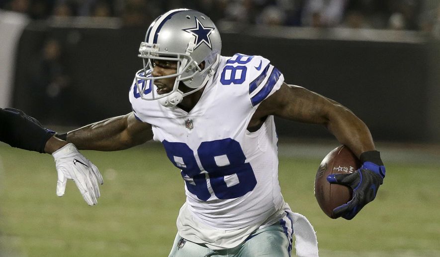 FILE - In this Dec. 17, 2017, file photo, Dallas Cowboys wide receiver Dez Bryant (88) runs against the Oakland Raiders during the second half of an NFL football game in Oakland, Calif. Bryant opened up in his first lengthy session with reporters in weeks, taking responsibility for a subpar season by saying he let frustrations affect him during games. But he also said some of those frustrations were rooted in the offensive scheme, which he said he would probably address with owner Jerry Jones and coaches in the offseason. (AP Photo/Eric Risberg, File)
