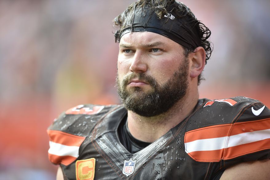 This Oct. 22, 2017, file photo shows Cleveland Browns offensive tackle Joe Thomas walking on the sideline during an NFL football game against the Tennessee Titans, in Cleveland. (AP Photo/David Richard, File)