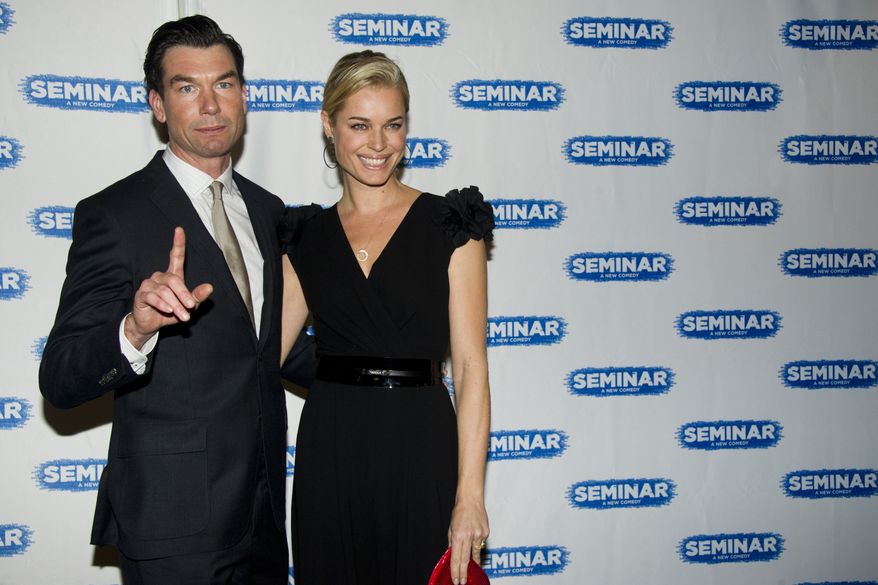 Jerry O'Connell and Rebecca Romijn arrives for the opening night performance of the Broadway play "Seminar", in New York, Sunday, Nov. 20, 2011. (AP Photo/Charles Sykes)